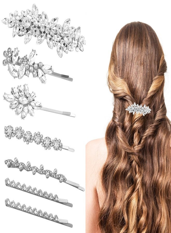 CYUXING 7Pcs Silver Leaf-Shaped Rhinestone Hair Clip for Brides, Wedding Hair Accessories for Women Shiny Clips for Bride, Wedding Crystal Hairpin Decorations Supplies for Graduation Ceremonies - Image 1